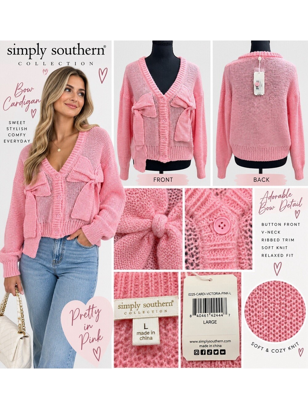 Simply Southern Victoria Pink Bow Cardigan Sweater Women’s Large NWT